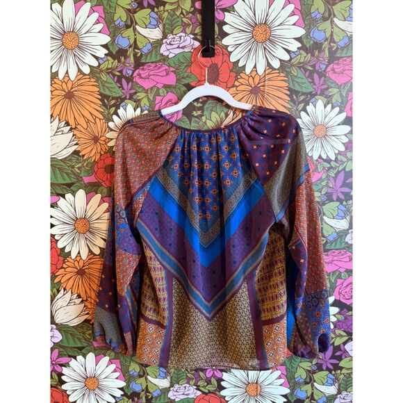 Scoop NYC Peasant Boho Top Tie Neck Blouse Size Small Bohemian Blouson - Picture 2 of 3